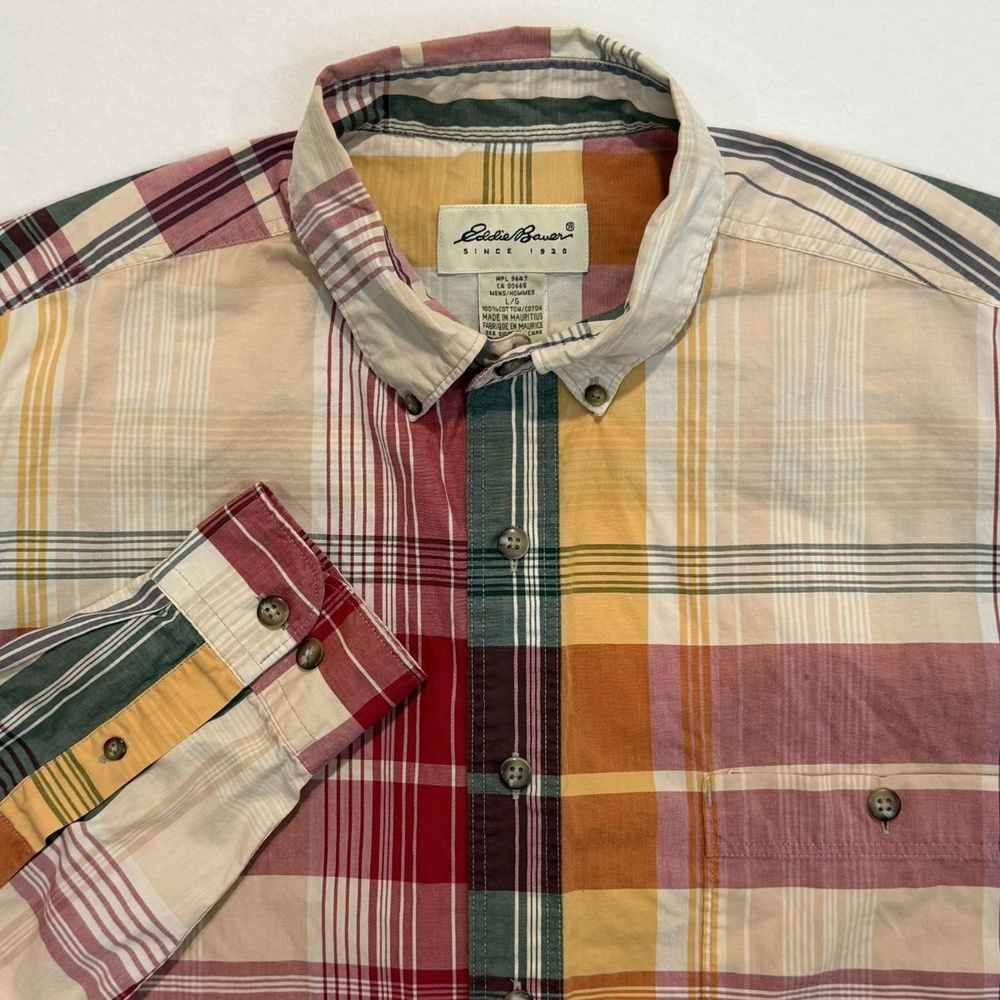 Vintage Y2K Eddie Bauer Men's Plaid Dress Shirt L Button Red Yellow Green Stripe